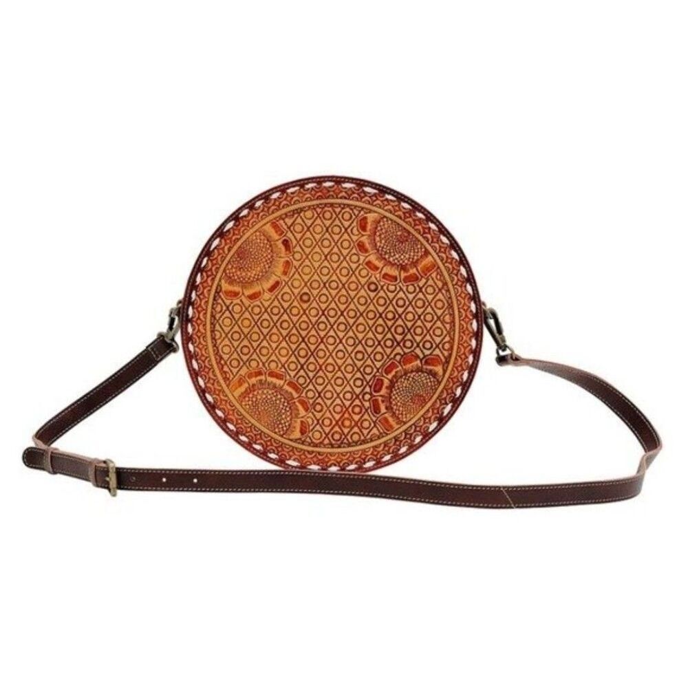 Myra Bag Handmade Lily Bloom Round Bag Upcycled Canvas & Cowhide Leather